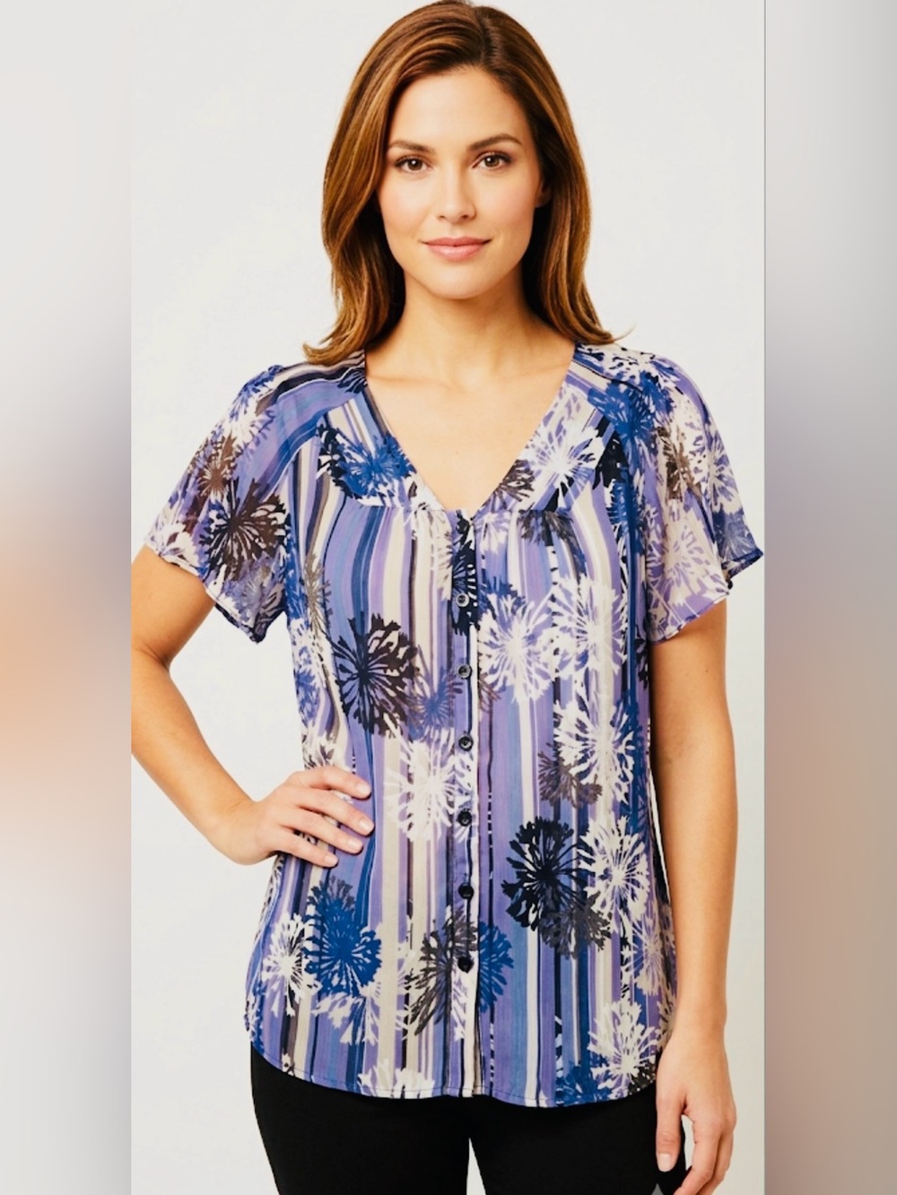 Women's East 5th Blouse Semi Sheer Blue Purple Floral  Flutter Sleeve Size L